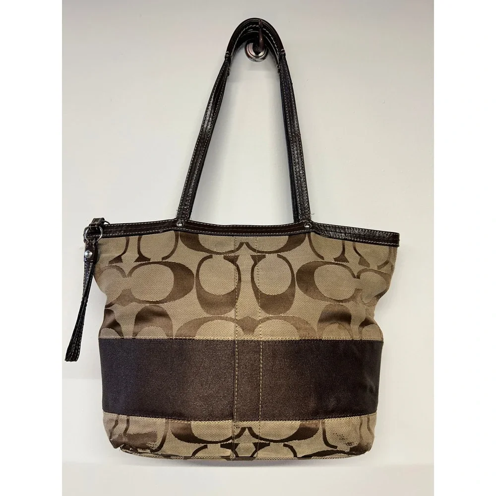 Coach Signature Canvas Tote Brown Tan Leather Trim Shoulder Bag - Picture 2 of 12